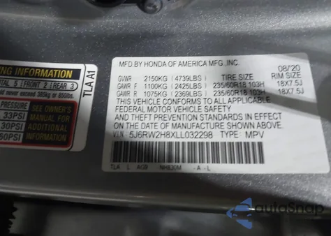 2020 Honda Cr-V Awd Ex-L z USA, uszkodzony, nr VIN 5J6RW2H8XLL032298